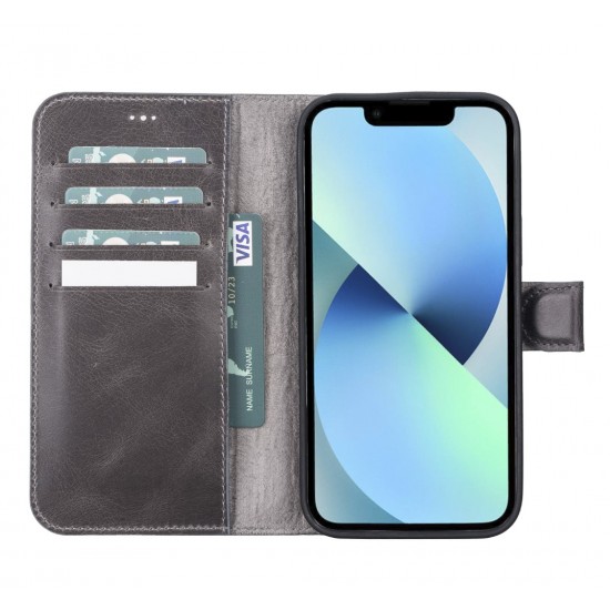 Apple iPhone 13 Pro Max Uyumlu Deri Cüzdanlı Kılıf VS4EF Gri