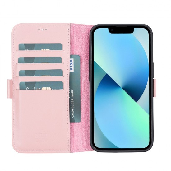 Apple iPhone 13 Uyumlu Deri Cüzdanlı Kılıf Toz Pembe Apple iPhone 13 Uyumlu Deri Cüzdanlı Kılıf Toz Pembe