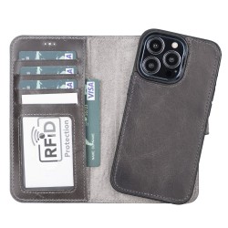 Apple iPhone 13 Pro Uyumlu Deri Cüzdanlı Kılıf MWWN TN1 Gri