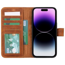 Apple iPhone 15 Pro Max Uyumlu Deri Cüzdanlı Kılıf MWWN G19 Taba