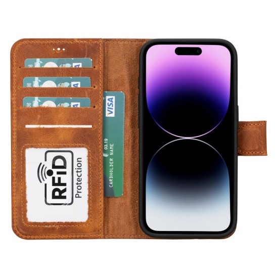 Apple iPhone 15 Pro Uyumlu Deri Cüzdanlı Kılıf MWWN G19 Taba