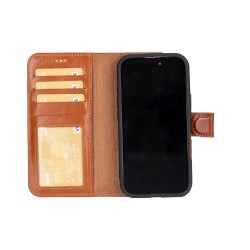 Apple iPhone 16 Plus uyumlu, Hakiki Deri, El Yapımı, Cüzdanlı Kılıf, Gölgeli Taba