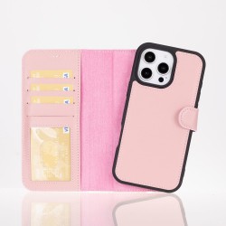 Apple iPhone 16 Pro uyumlu, Hakiki Deri, El Yapımı, Cüzdanlı Kılıf, Toz Pembe