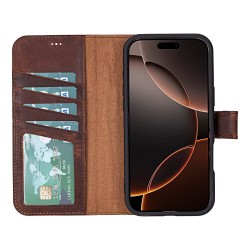 Apple iPhone 16 Pro uyumlu, Hakiki Deri, El Yapımı, Cüzdanlı Kılıf, Antik Kahve