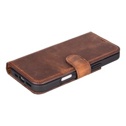 Apple iPhone 16 Pro Max uyumlu, Hakiki Deri, El Yapımı, Cüzdanlı Kılıf, Antik Kahve
