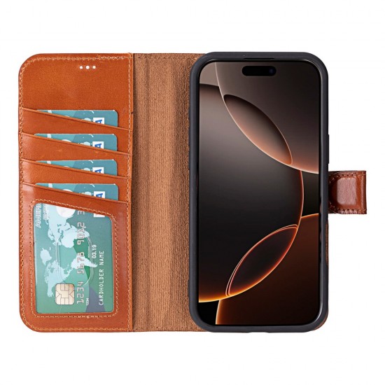 Apple iPhone 16 Pro Max uyumlu, Hakiki Deri, El Yapımı, Cüzdanlı Kılıf, Gölgeli Taba