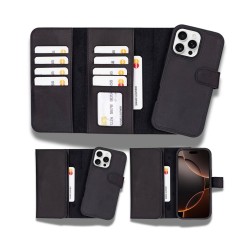 Apple iPhone 16 Pro Max uyumlu, Hakiki Deri, El Yapımı, Cüzdanlı Kılıf, Mat Siyah