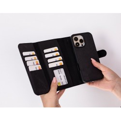 Apple iPhone 16 Pro Max uyumlu, Hakiki Deri, El Yapımı, Cüzdanlı Kılıf, Mat Siyah