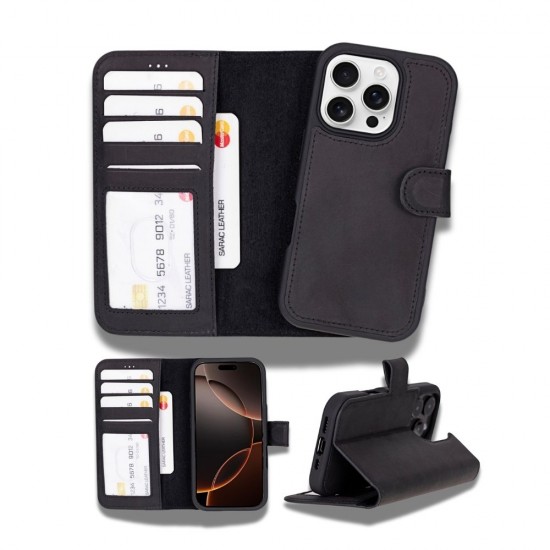 Apple iPhone 16 Pro Max uyumlu, Hakiki Deri, El Yapımı, Cüzdanlı Kılıf, Mat Siyah