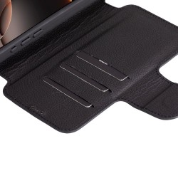 Apple iPhone 16 Pro Max uyumlu, Hakiki Deri, El Yapımı, Cüzdanlı Kılıf, Parlak Siyah