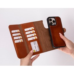 Apple iPhone 16 Pro uyumlu, Hakiki Deri, El Yapımı, Cüzdanlı Kılıf, Gölgeli Taba