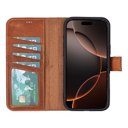 Apple iPhone 16 Pro uyumlu, Hakiki Deri, El Yapımı, Cüzdanlı Kılıf, Karamel