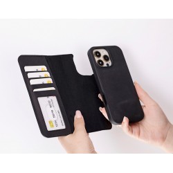 Apple iPhone 16 Pro uyumlu, Hakiki Deri, El Yapımı, Cüzdanlı Kılıf, Mat Siyah Apple iPhone 16 Pro uyumlu, Hakiki Deri, El Yapımı, Cüzdanlı Kılıf, Mat Siyah