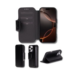 Apple iPhone 16 Pro uyumlu, Hakiki Deri, El Yapımı, Cüzdanlı Kılıf, Parlak Siyah
