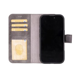 Apple iPhone 16 Plus uyumlu, Hakiki Deri, El Yapımı, Cüzdanlı Kılıf, Gölgeli Gri