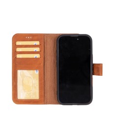 Apple iPhone 16 Plus uyumlu, Hakiki Deri, El Yapımı, Cüzdanlı Kılıf, Karamel