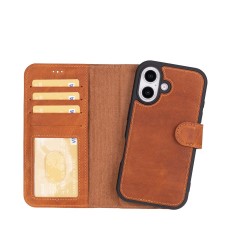 Apple iPhone 16 uyumlu, Hakiki Deri, El Yapımı, Cüzdanlı Kılıf, Karamel