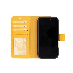 Apple iPhone 16 Plus uyumlu, Hakiki Deri, El Yapımı, Cüzdanlı Kılıf, Limon Sarı