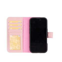 Apple iPhone 16 Plus uyumlu, Hakiki Deri, El Yapımı, Cüzdanlı Kılıf, Toz Pembe