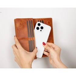Aura Hakiki Deri, El Yapımı, Telefon Bölmeli, Kadın Cüzdanı, Karamel