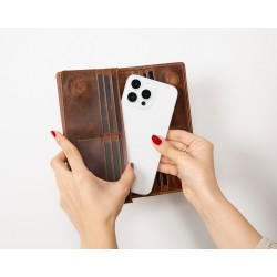 Aura Hakiki Deri, El Yapımı, Telefon Bölmeli, Kadın Cüzdanı, Antik Kahve