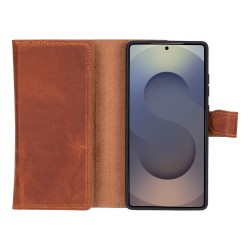 Samsung Galaxy S25 Ultra uyumlu, Hakiki Deri, El Yapımı, Cüzdanlı Kılıf, Karamel