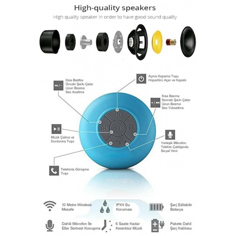 Bluetooth Hoparlör Ses Bombası Eller Serbest Duş Tipi Su Geçirmez Vakumlu